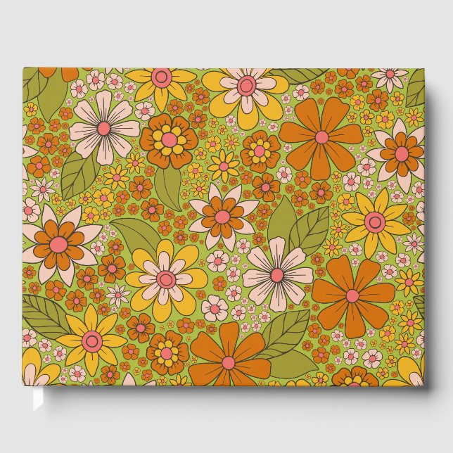 1960s, 1970s Green & Orange Retro Floral Guest Book (Front)
