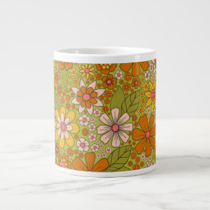 1960s, 1970s Green & Orange Retro Floral Large Coffee Mug