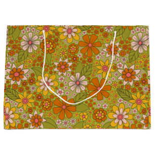 1960s, 1970s Green & Orange Retro Floral Large Gift Bag
