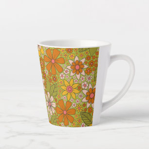 1960s, 1970s Green & Orange Retro Floral Latte Mug