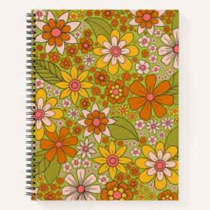 1960s, 1970s Green & Orange Retro Floral Notebook