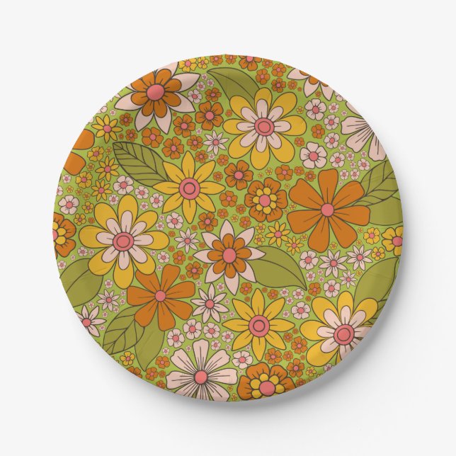 1960s, 1970s Green & Orange Retro Floral Paper Plate (Front)