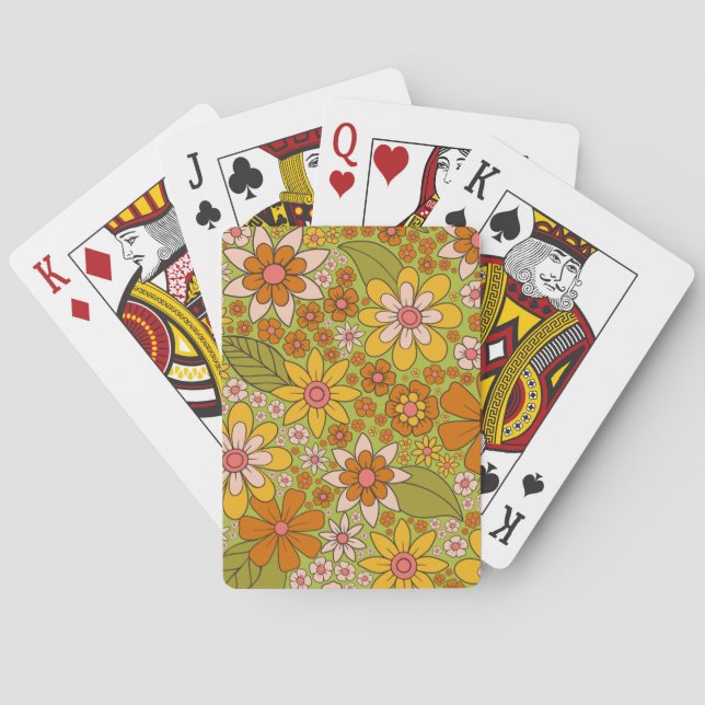 1960s, 1970s Green & Orange Retro Floral Playing Cards (Back)