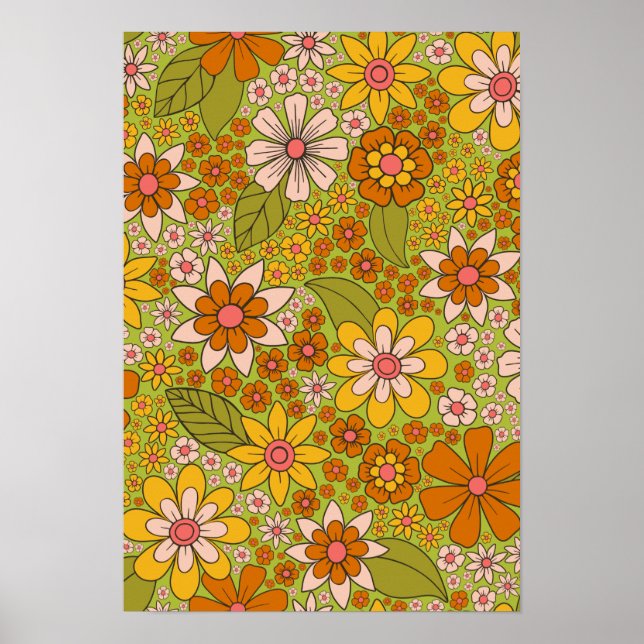 1960s, 1970s Green & Orange Retro Floral Poster (Front)