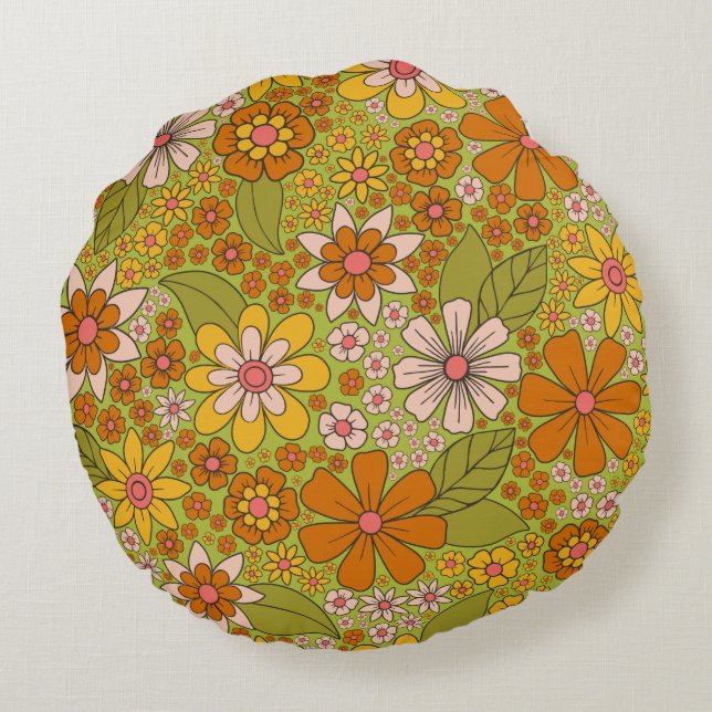 1960s, 1970s Green & Orange Retro Floral Round Cushion (Back)