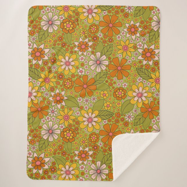 1960s, 1970s Green & Orange Retro Floral Sherpa Blanket (Front)