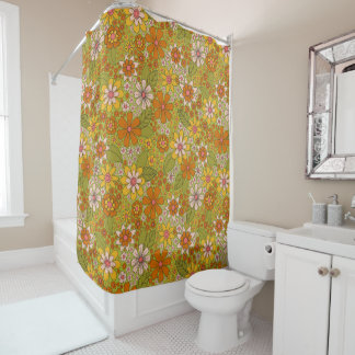 1960s, 1970s Green & Orange Retro Floral Shower Curtain