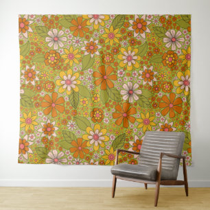 1960s, 1970s Green & Orange Retro Floral Tapestry