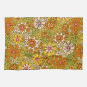 1960s, 1970s Green & Orange Retro Floral Tea Towel