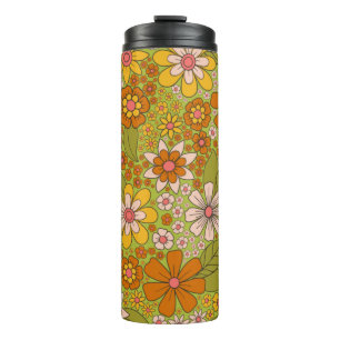 1960s, 1970s Green & Orange Retro Floral Thermal Tumbler