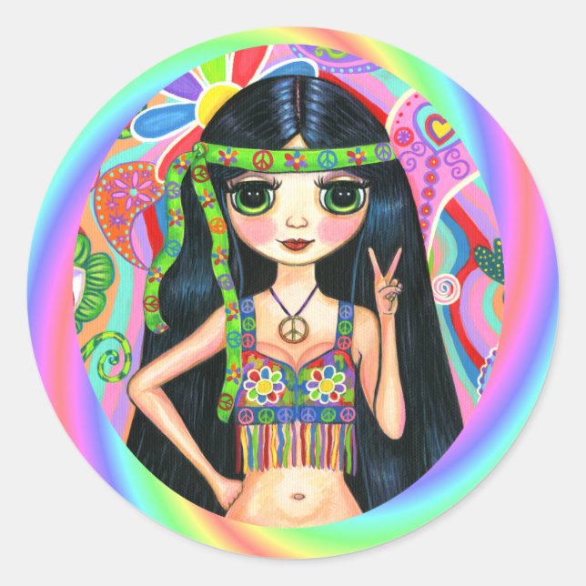1960s, 1970s Peace Sign Rainbow Hippie Chick Classic Round Sticker (Front)