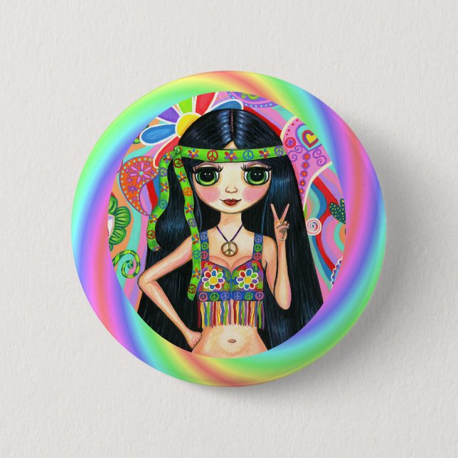 1960s, 1970s Rainbow Hippie Chick Peace Sign 6 Cm Round Badge (Front)