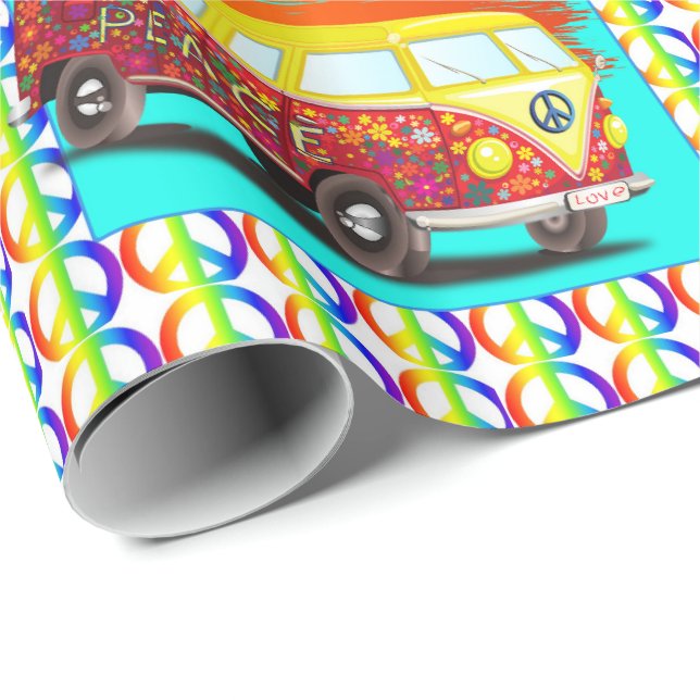 1960's 1970's Retro Hippy Van Peace Signs Sunset Wrapping Paper (Roll Corner)