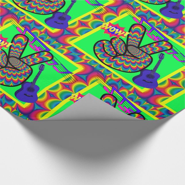 1960's 1970'S Retro Peace Sign Guitar Neon Colours Wrapping Paper (Corner)