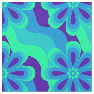 1960s 1970s Style Flowers & Waves Pattern Fabric