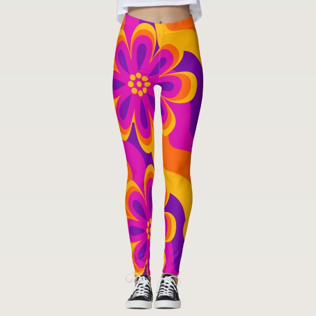 1960s 1970s Style Flowers & Waves Pattern Leggings (Front)