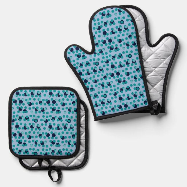 1960s-70s Pop Geometric Mid-Century Teal Bubbles Oven Mitt & Pot Holder Set (Front/Back)