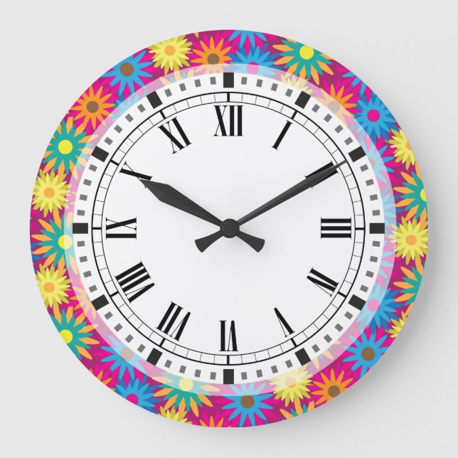 1960s Flower Power Colourful Floral Modern Pattern Large Clock (Front)