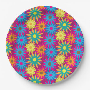 1960s Flower Power Colourful Floral Modern Pattern Paper Plate