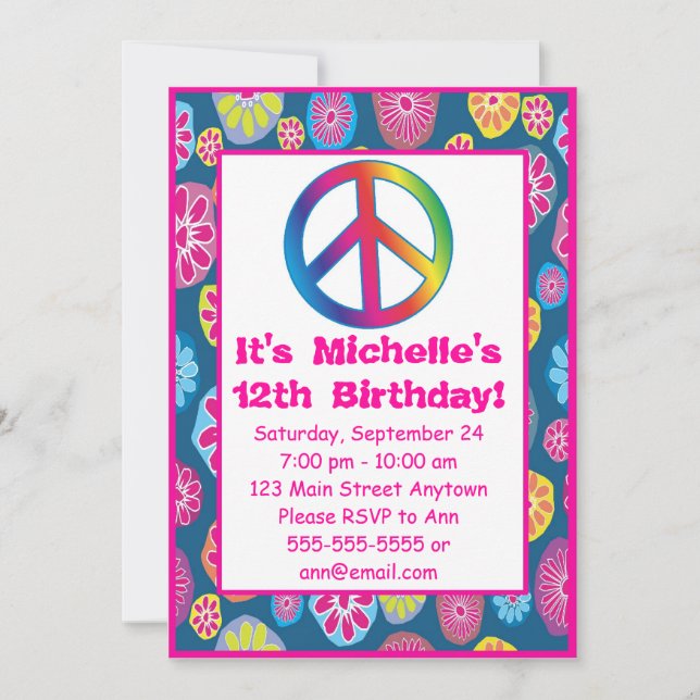 1960s Groovy Love Peace Birthday Party Invitations (Front)