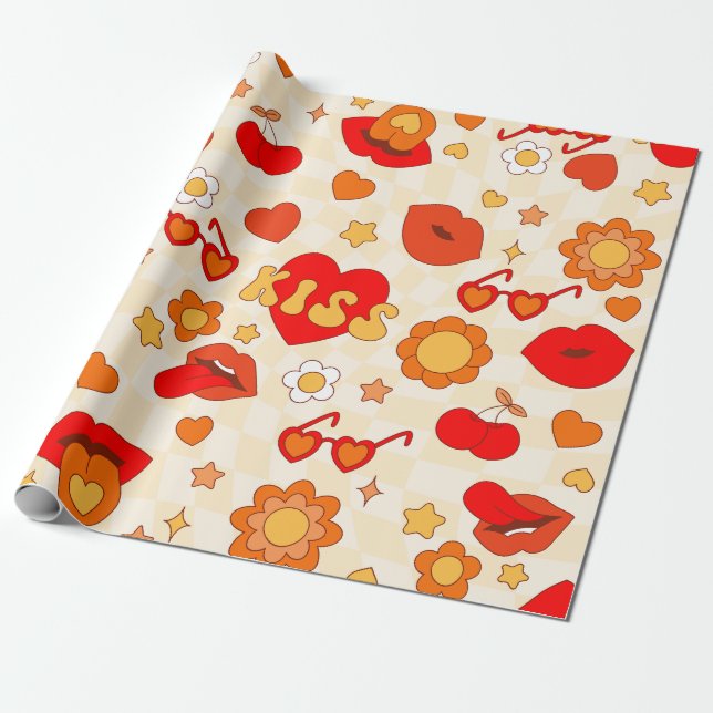 1960s groovy pop art valentines kiss wrapping paper (Unrolled)