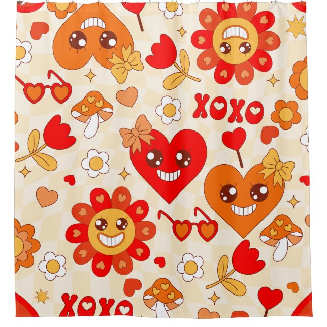 1960s groovy pop art valentines mushrooms shower curtain (Front)