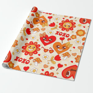 1960s groovy pop art valentines mushrooms wrapping paper