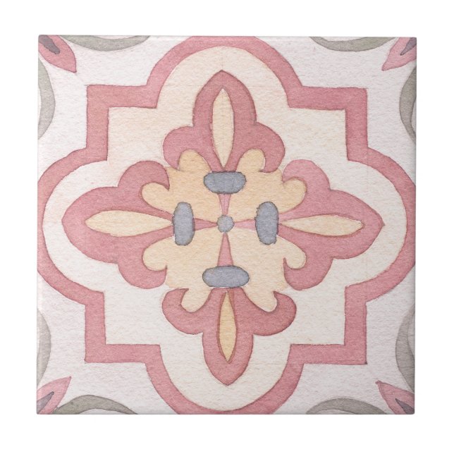 1960s Hand painted Flowers Classic watercolor pink Tile (Front)