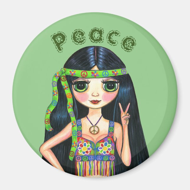 1960s Hippie Chick Girl Doll Peace Sign Cute Magnet (Front)