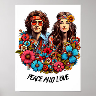 1960s Hippie Couple flower child Peace & Love art Poster