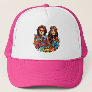 1960s Hippie Couple flower child Peace & Love art  Trucker Hat