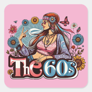 1960s Hippie girl chick peace sign fingers art Square Sticker