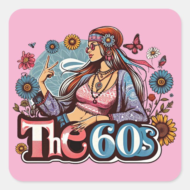 1960s Hippie girl chick peace sign fingers art Square Sticker (Front)