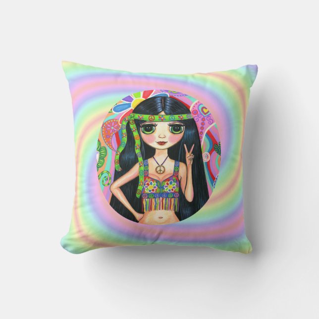 1960s Hippie Girl Flashing Peace Sign Cushion (Front)