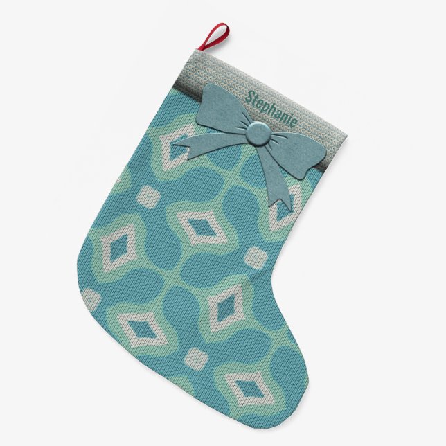 1960s Mod Sweater Pattern - Muted Aqua Personalise Large Christmas Stocking (Front (Hanging))