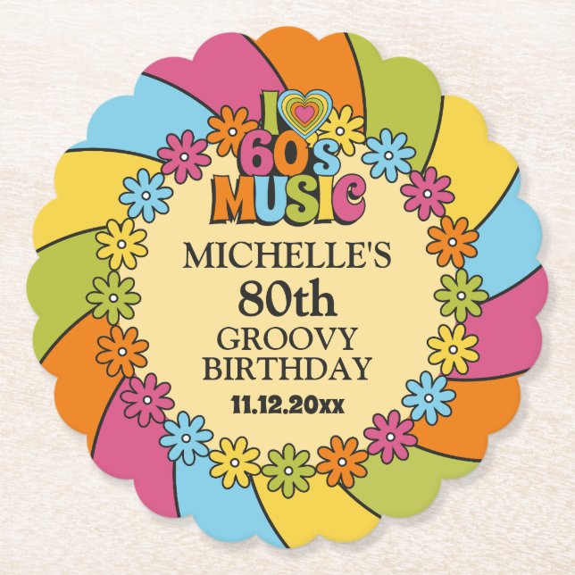 1960s Music Party 80th Groovy Retro Birthday Theme Paper Coaster (Front)