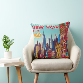1960s New York Poster | Bold Red & Yellow" Cushion
