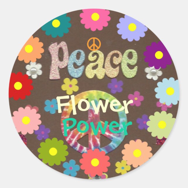 1960s Peace, Love, and Flower Classic Round Sticker (Front)