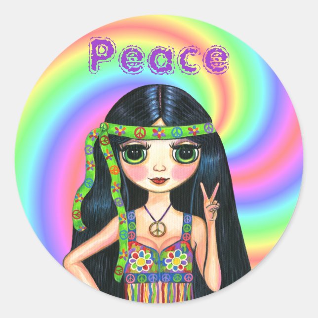 1960s Peace Sign Hippie Girl with Headband Classic Round Sticker (Front)