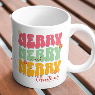 1960s Retro Groovy Pink Merry Christmas Boho Name Mug