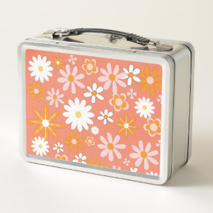 1960s Retro Orange Flower Metal Lunchbox
