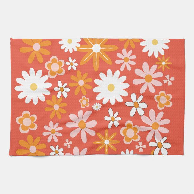 1960s Retro Orange Flower Power Kitchen  Tea Towel (Horizontal)