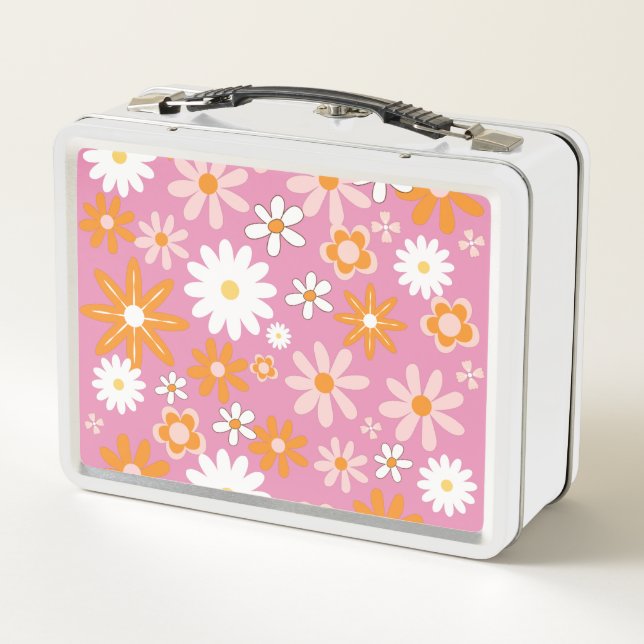 1960s Retro Peppermint Patty Pink Flower  Metal Lunch Box (Back)