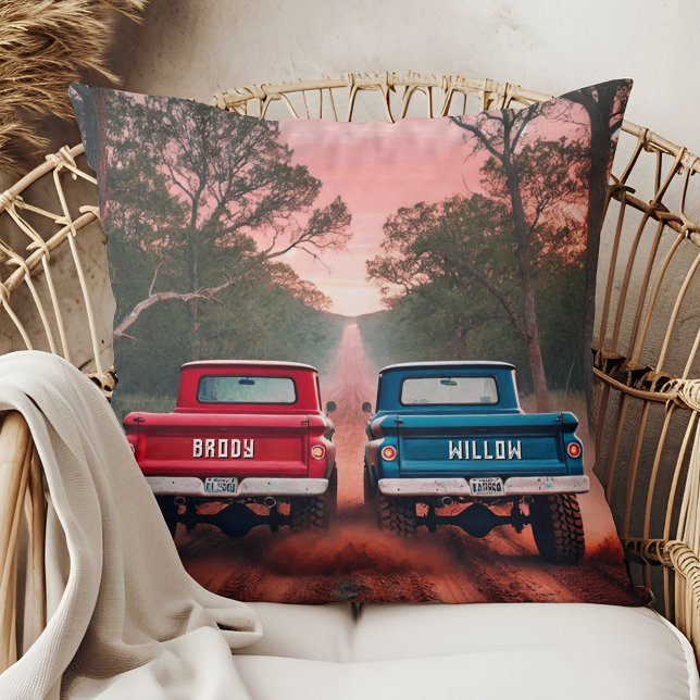 1960s Trucks Racing Racing on Dirt Road Monogram Cushion (Creator Uploaded)
