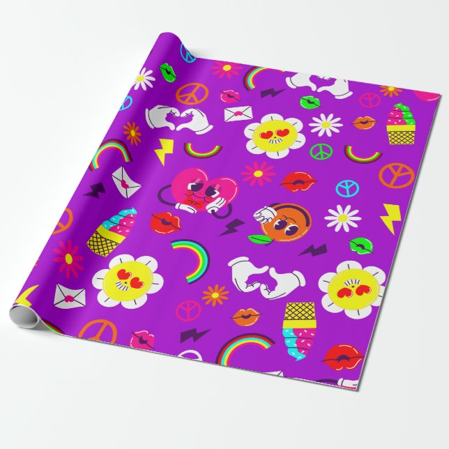 1960s valentines peace sign groovy rainbow  wrapping paper (Unrolled)