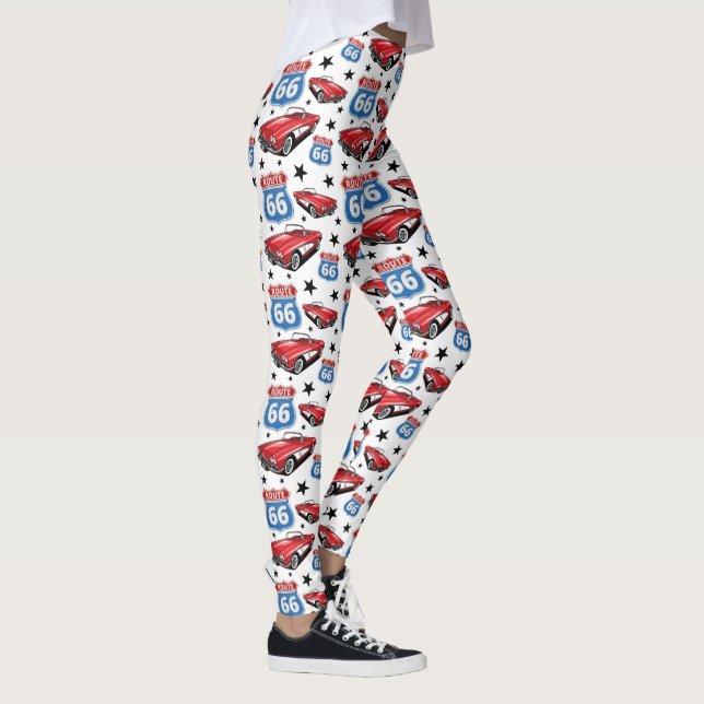 1961 C1 Red Classic Sports Car Retro Route 66 Sign Leggings (Right)