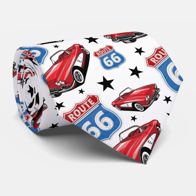 1961 C1 Red Classic Sports Car Retro Route 66 Sign Tie (Rolled)