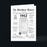 1962 The Year You Were Born Birthday Card<br><div class="desc">Take a journey back in time with our captivating 1962 birthday card! Brimming with historical moments and thrilling facts, it's custom-crafted for your special day. This birthday card is filled with insights and snapshots of life during that time. From noteable events like the first ATM, first handheld calculator, and the...</div>