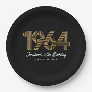 1964 Black Faux Gold 60th Birthday Paper Plate
