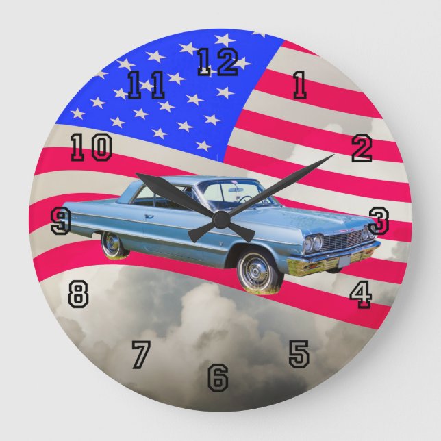 1964 Chevrolet Impala Car And American Flag Large Clock (Front)